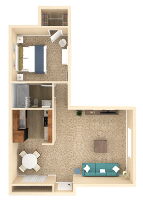Floor plan for 1 bed, 1 bath, 748 sqft